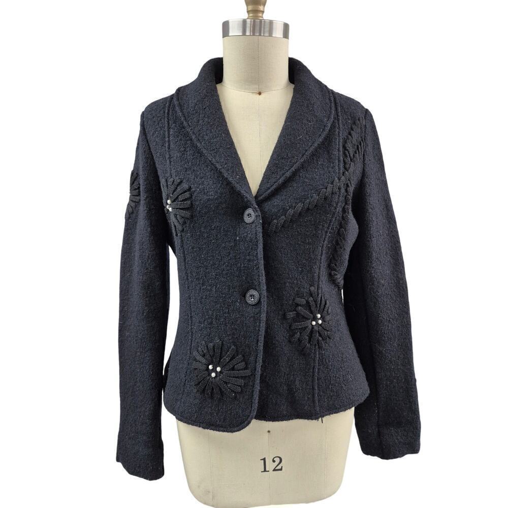 Clothes by Revue Black 100% Wool Sweater Jacket Floral Design Sz L